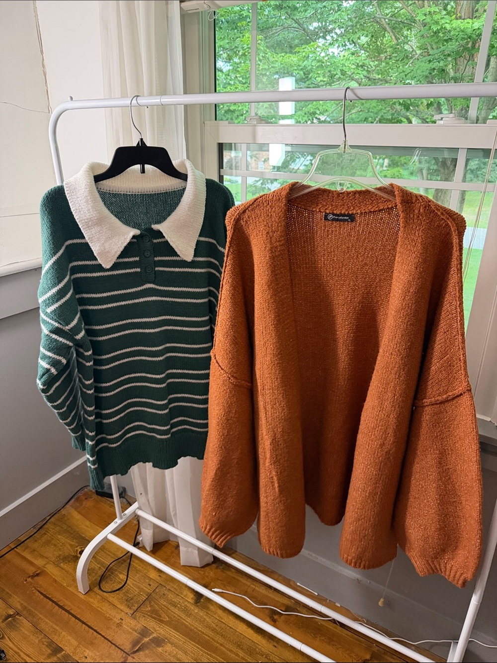 Green & White Striped Polo Collar Sweater & Cozy Casual Knit Cardigan- xl